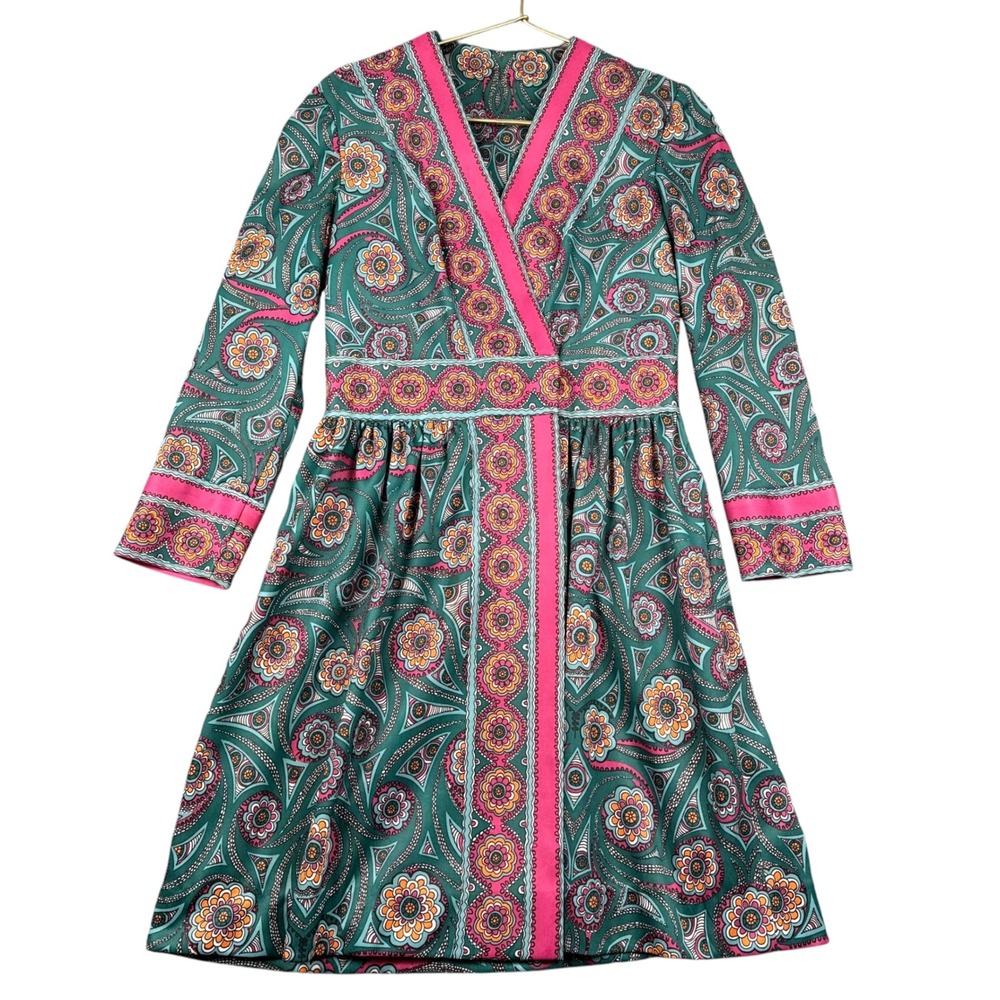 Vintage 60s 70s Mod Psychedelic Paisley Floral Empire Waist Midi Dress Pink Teal